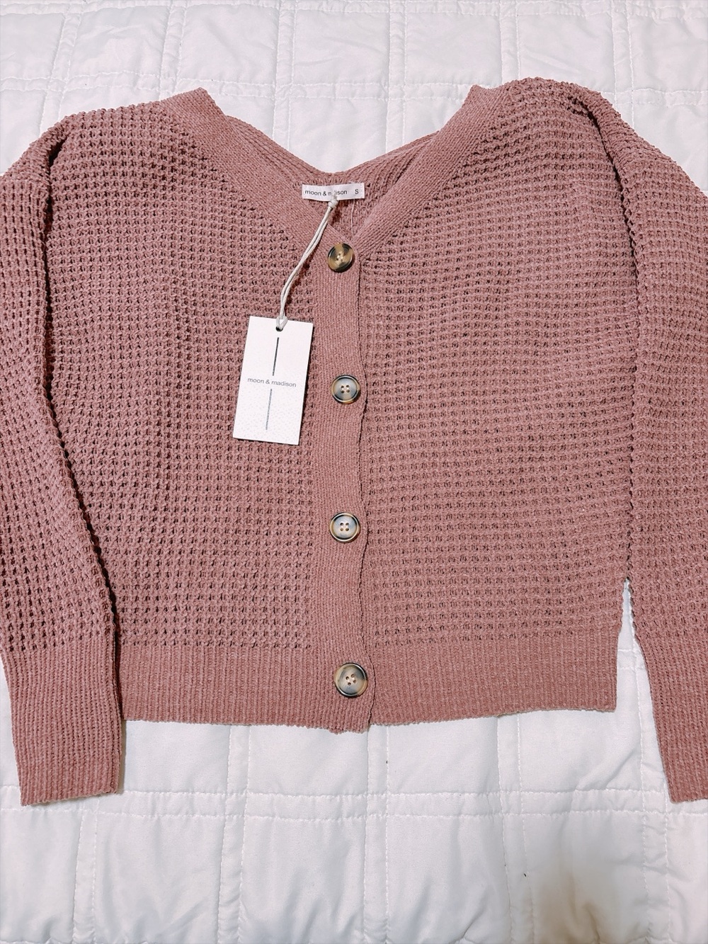 moon & madison Mauve-Pink Waffle Knit Button Cardigan